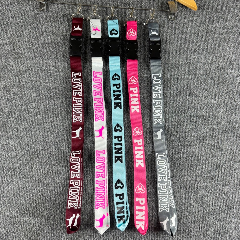 Victorias Secret PINK Lanyards Lot of 5 Keychain ID Holder Dog Logo Multi Color